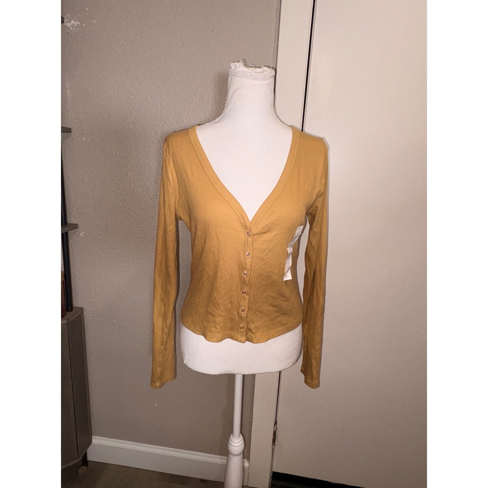 Wild Fable Mustard Yellow Ribbed Button Down V-Neck Cardigan Top Size Small NEW